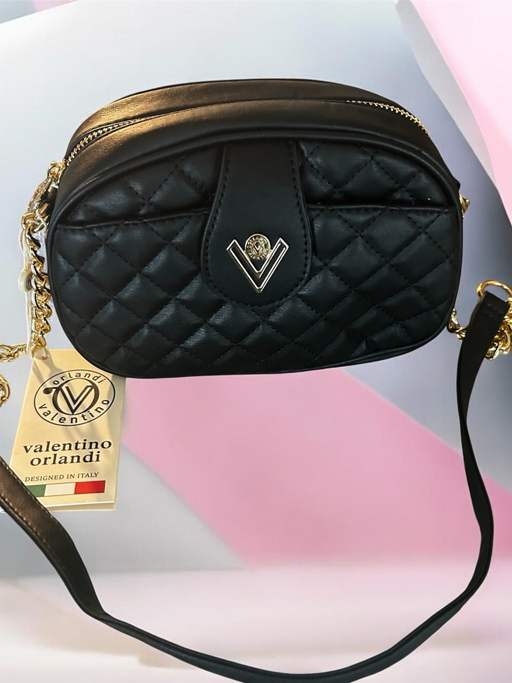 Valentino Orlandi Black Quilted Crossbody with Gold Hardware